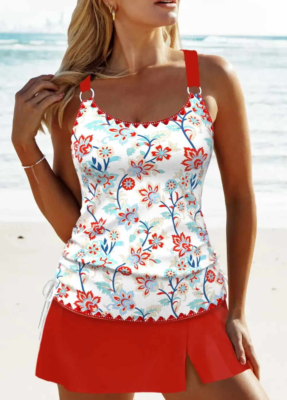 Circular Ring Floral Print Red Tankini Set