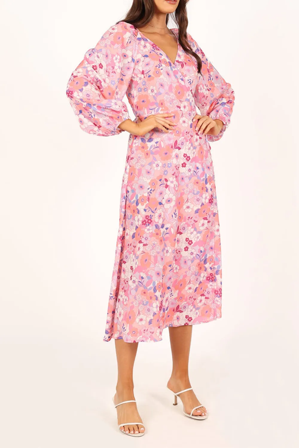 PINK FLORAL LONG SLEEVE MIDI DRESS