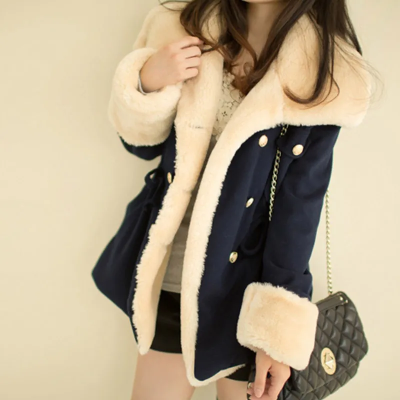 Faux fur trim notch collar double-breasted coat