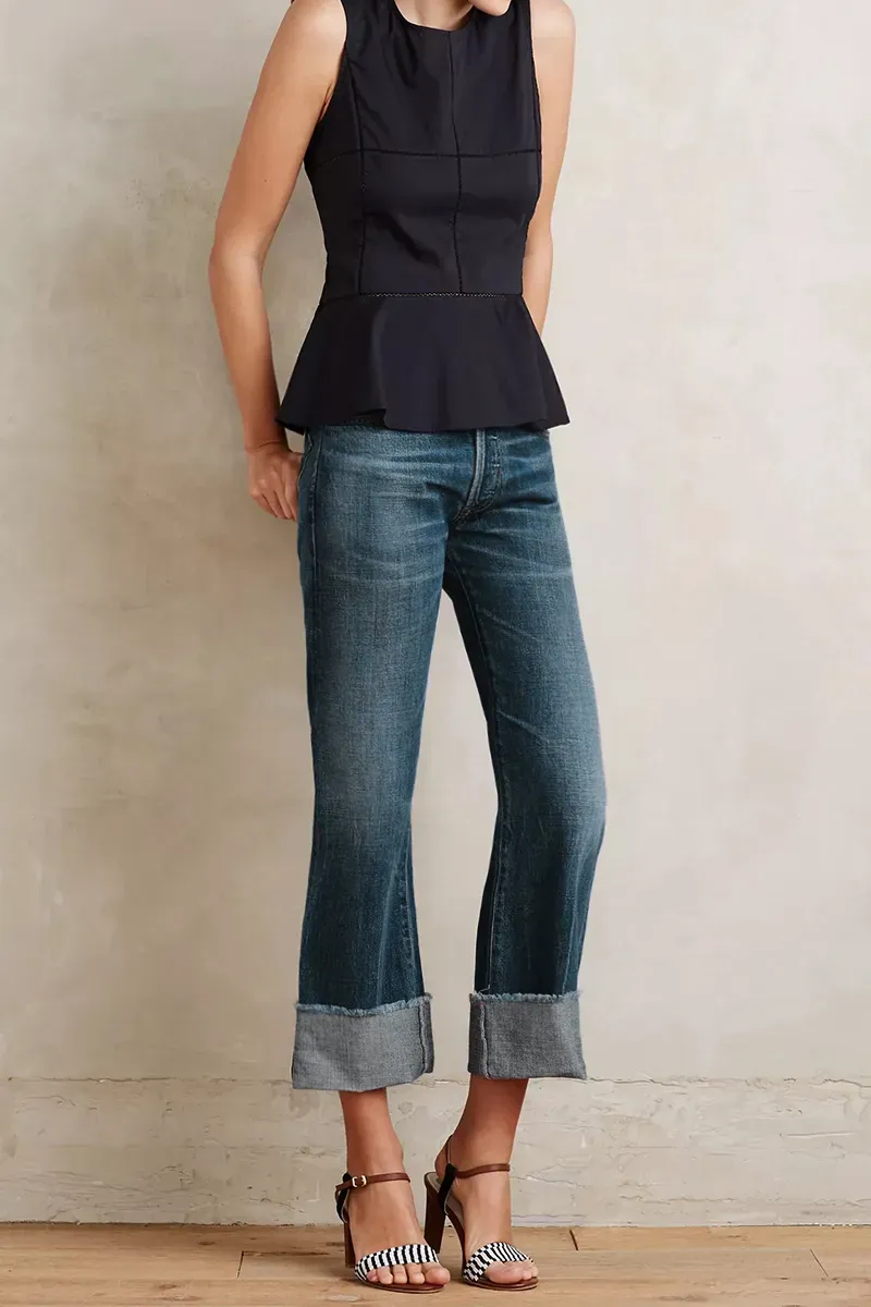Cuff Hem Low Rise Wide Leg Jeans