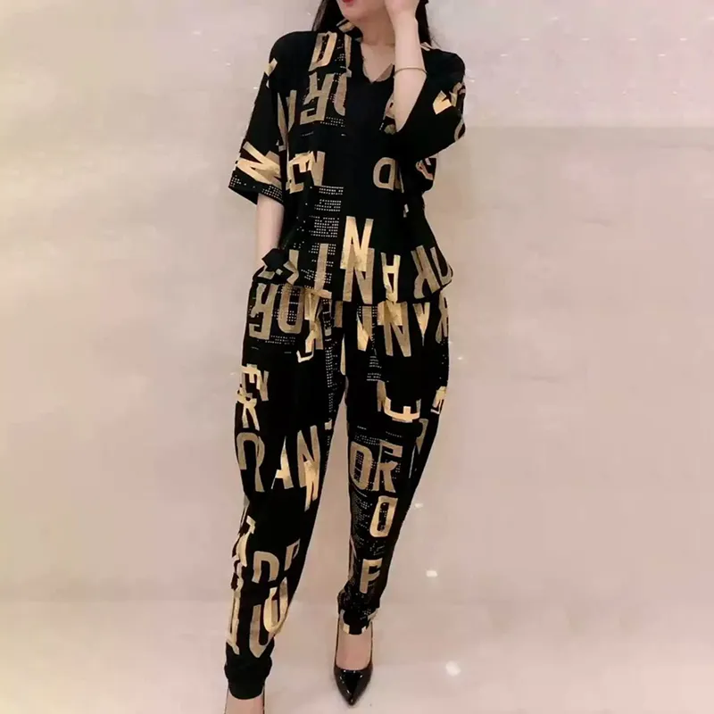 Loose Casual Square Print Mid Sleeve V Neck Two Piece Set