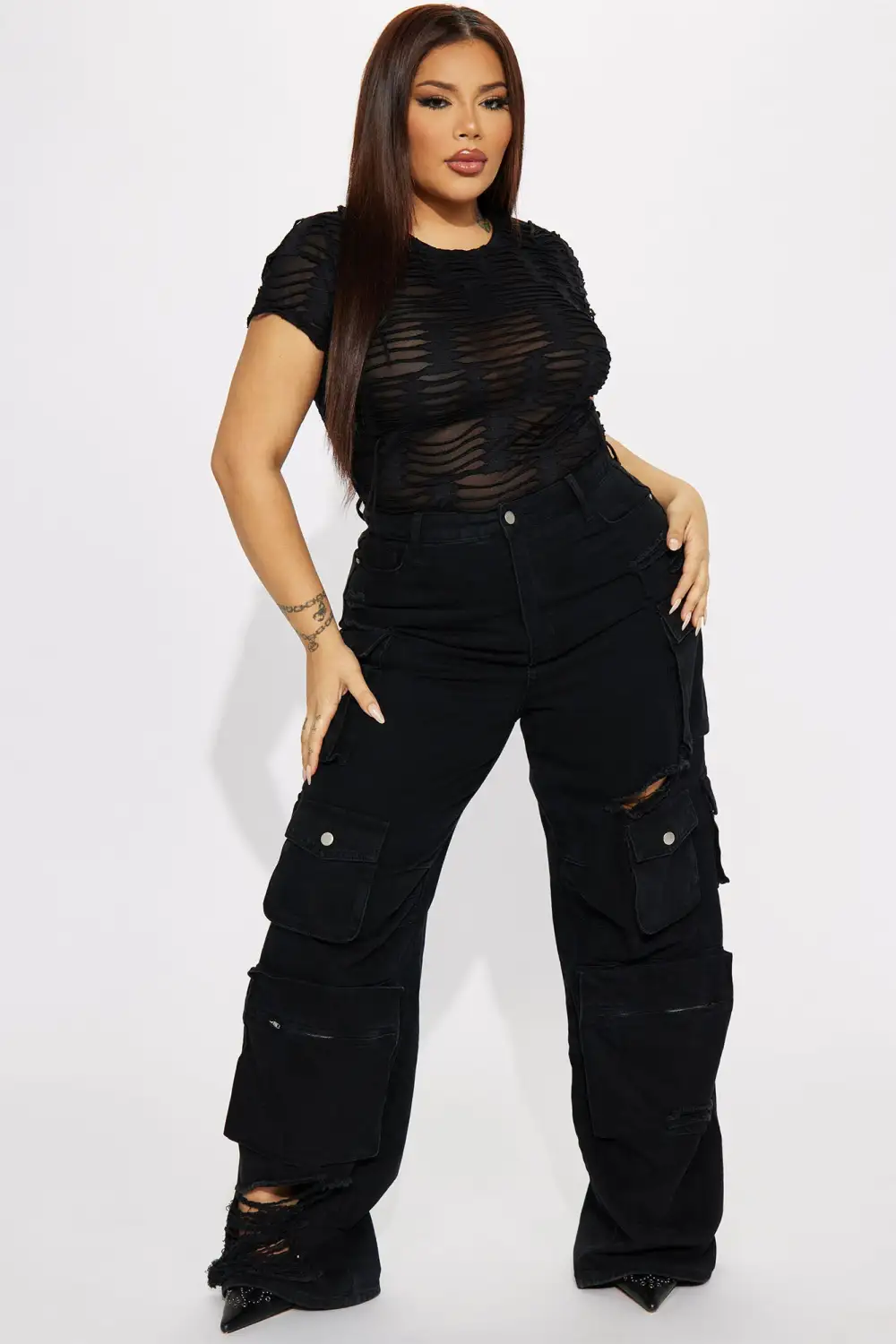 Cara Distressed Bodysuit - Black