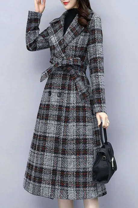 Plaid Front Belt Double Breasted Lapel Coat
