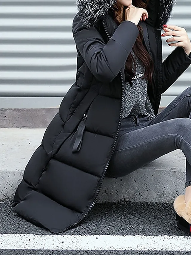 Women's Parka Long Puffer Jacket Winter Coat Zip up Hooded Coat with Fur Collar Thermal Warm Heated Coat Fall Brown Maillard Outerwear with Pockets Warm Classic Long Sleeve Fall Red