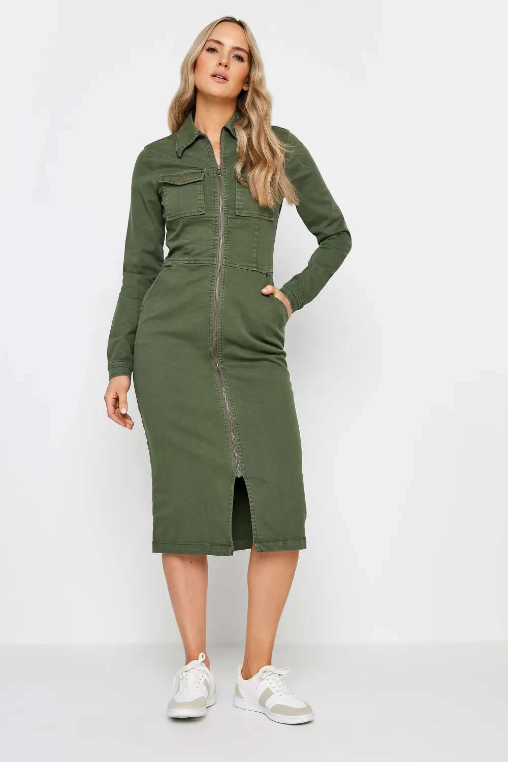 LTS Tall Khaki Green Denim Zip Through Midi Dress