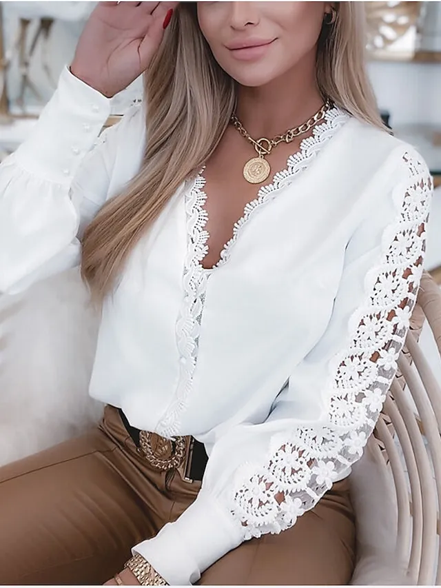 Women's Shirt Blouse White Eyelet Tops Black White Pink Plain Lace Cut Out Long Sleeve Work Daily Business Elegant Casual V Neck Regular S