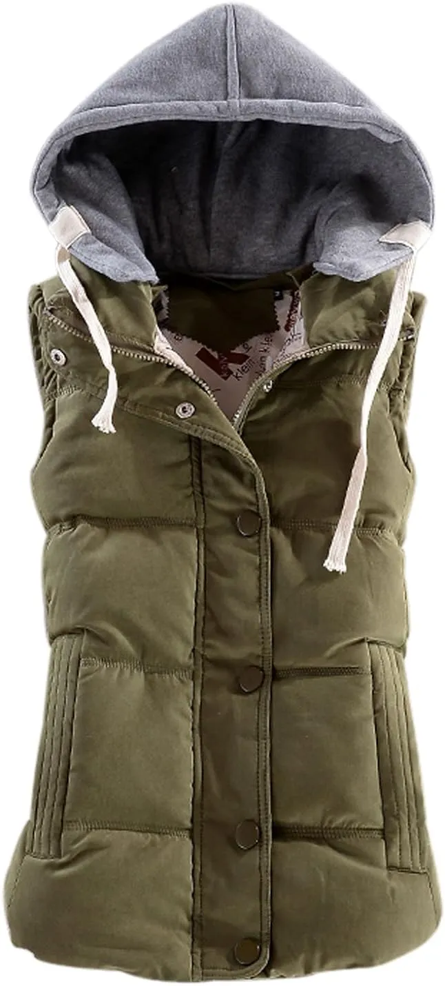 Women's Slim Sleeveless Quilted Removable Hooded Winter Puffer Vest Coat
