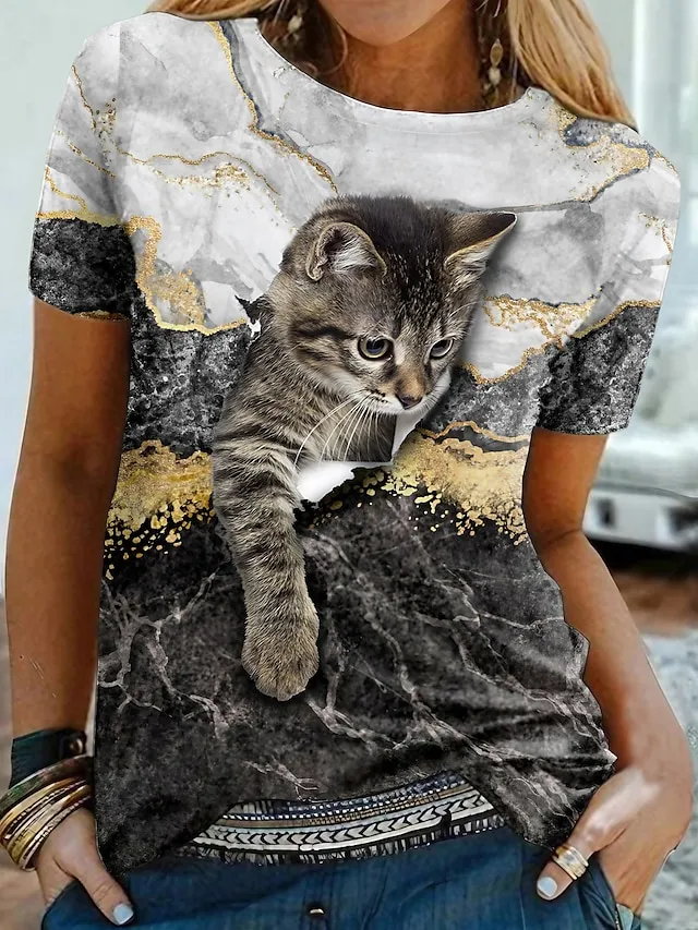 Women's T shirt Tee Black White Blue Graphic Cat Print Short Sleeve Daily Weekend Vintage Round Neck Regular 3D Cat Painting S