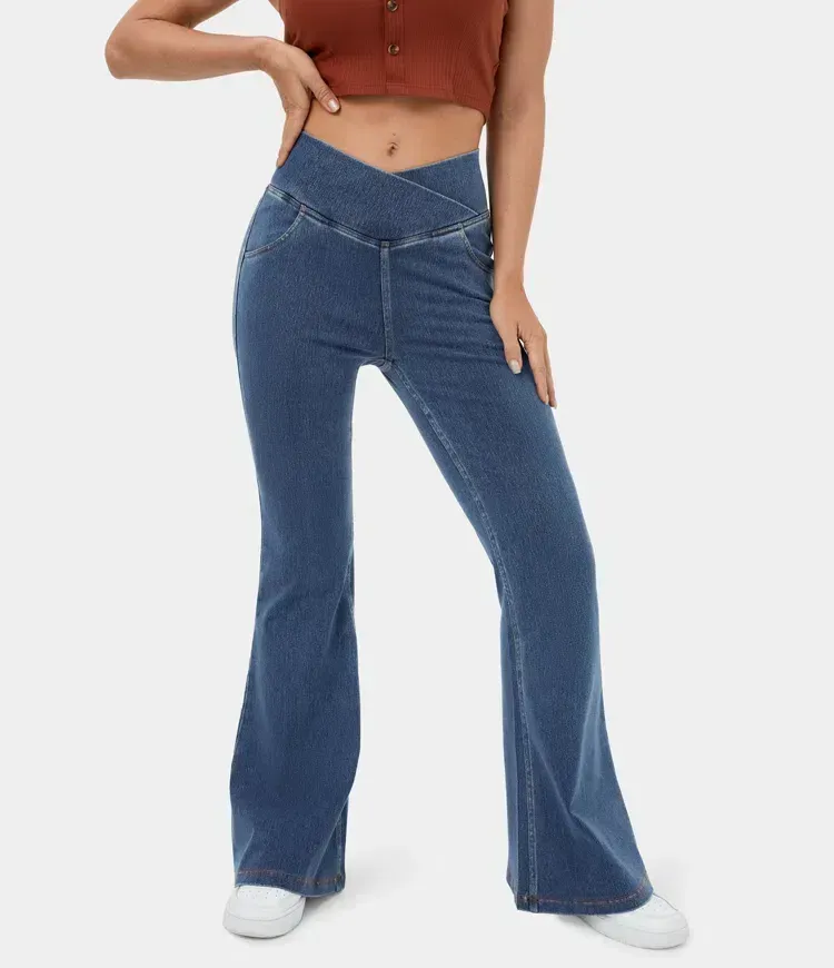 High Waisted Crossover Pocket Washed Stretchy Knit Denim Casual Super Flare Pants