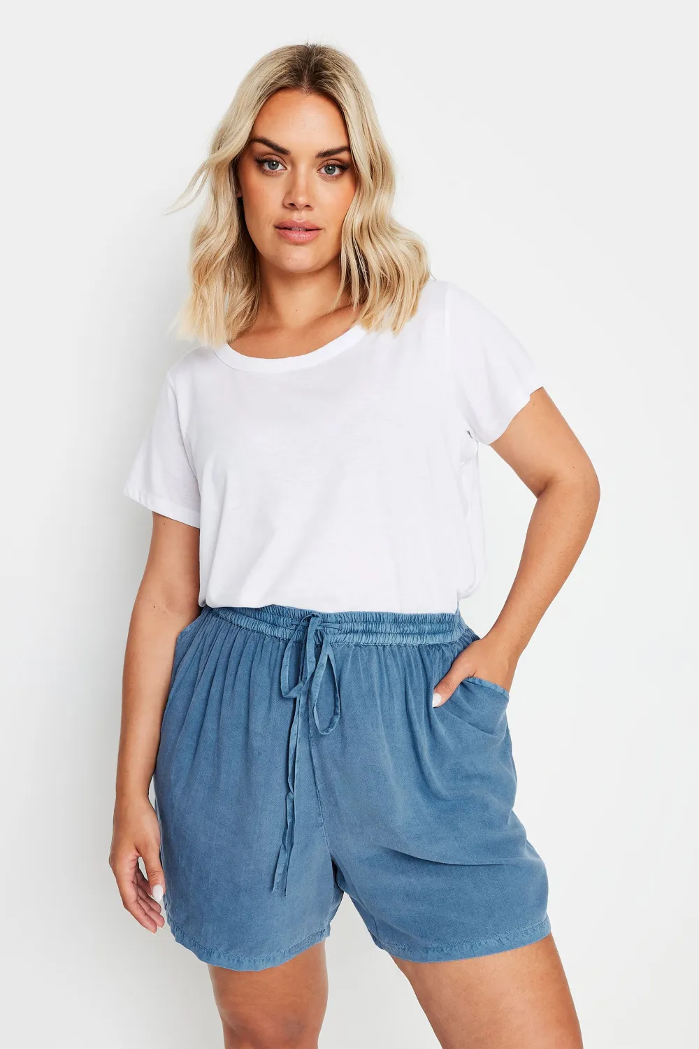 YOURS Curve Blue Acid Wash Chambray Shorts