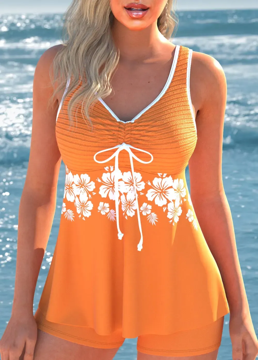 Drawstring Floral Print Orange Tankini Set