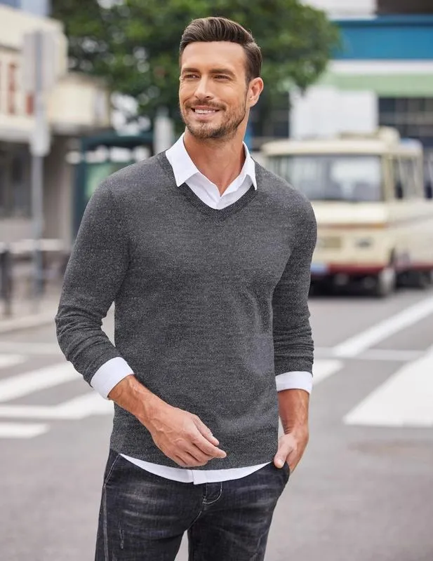 Men's Ribbed V-neck Casual Knit Sweater