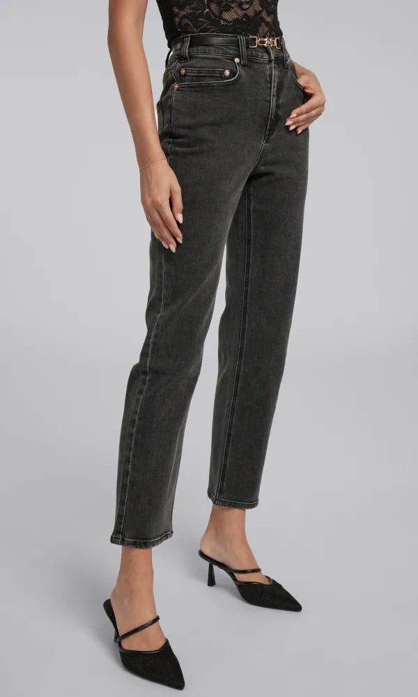 Denim Pants With Faux Leather Belt