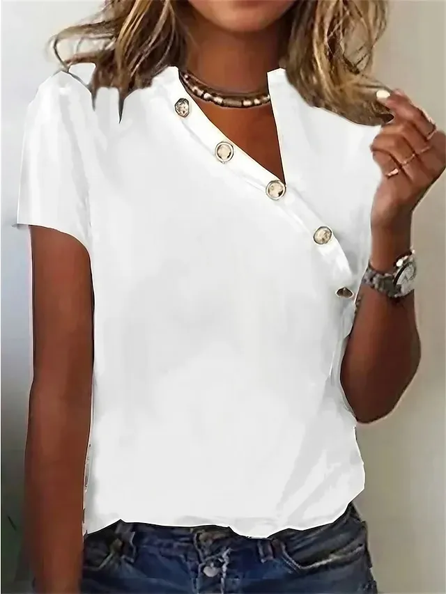 Women's T shirt Tee Black White Pink Plain Short Sleeve Daily Weekend Fashion Basic Elegant V Neck Regular Fit