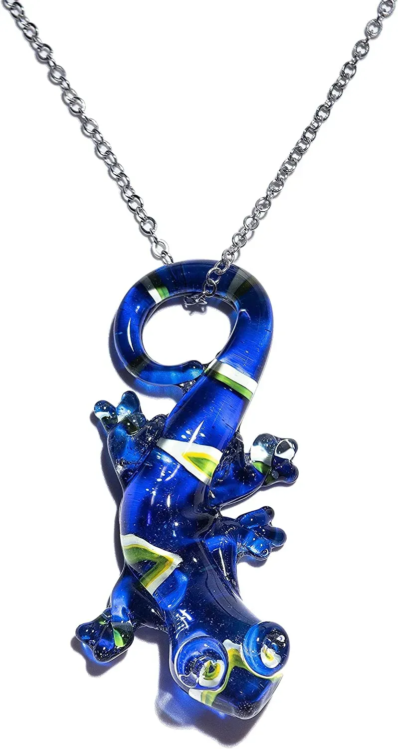 Handmade Large Blue Lizard Art Glass Blown Animal Figurine Pendant Necklace Jewelry