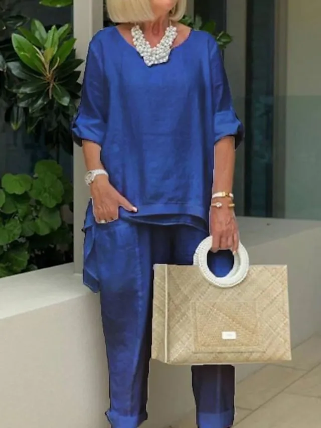 Women's Loungewear Sets Hot Casual Comfort Home Daily Vacation Linen Summer Spring Light Blue Black