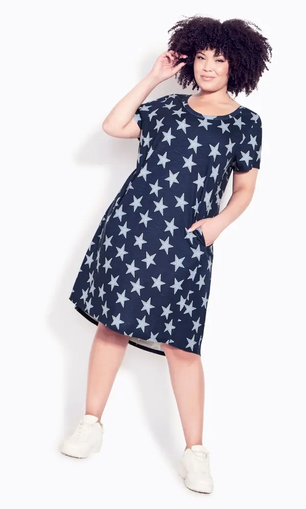Evans Navy Blue Star Print Pocket Midi Dress