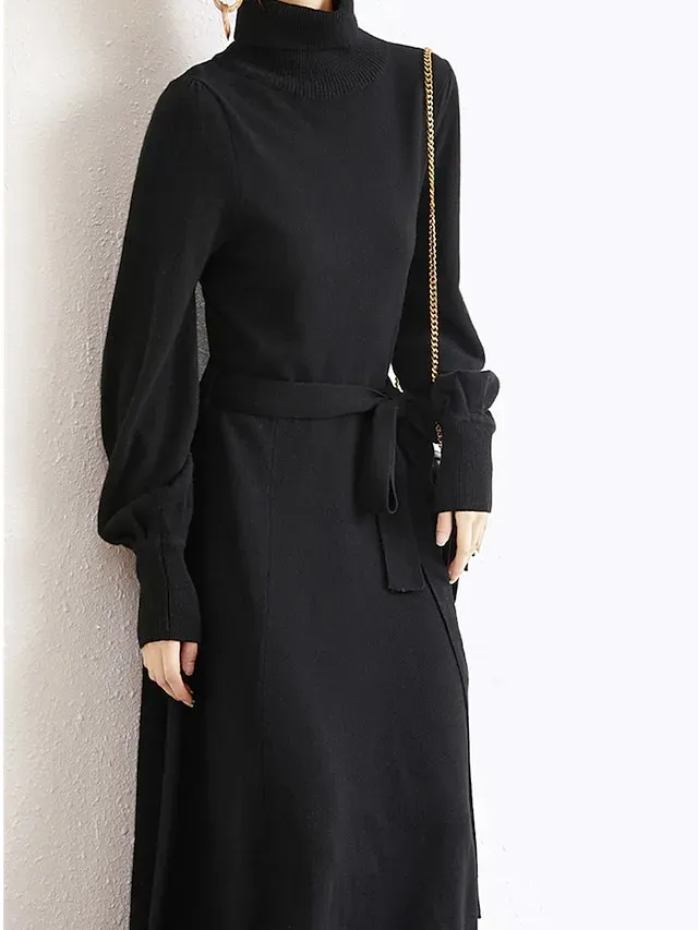 Women's Red Christmas Dress Sweater Dress Jumper Dress Midi Dress Warm Fashion Casual Plain Outdoor Christmas Daily Vacation Turtleneck Long Sleeve Lace up 2023 Regular Fit Black Wine Blue One Size