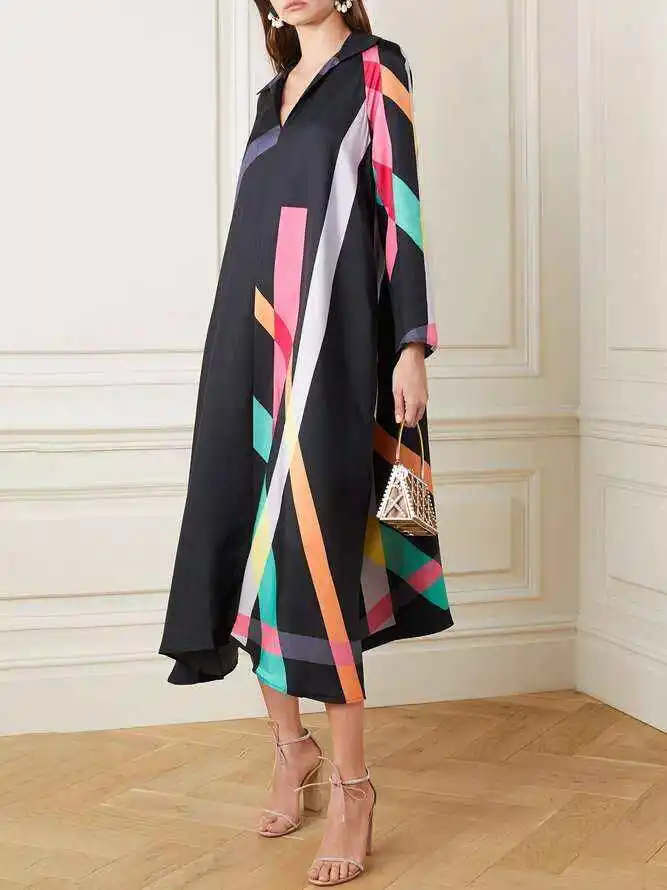 Stylish Irregularity Long Sleeves Contrast Color Striped V-Neck Midi Dresses