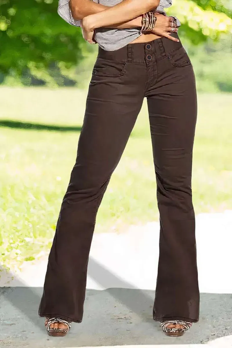 Solid Flap Pocket Button Detail Mid Rise Flare Pants