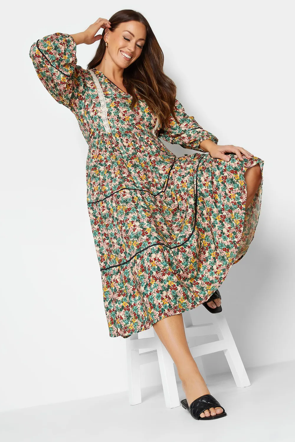 M&Co Green Floral Print Crochet Trim Maxi Dress