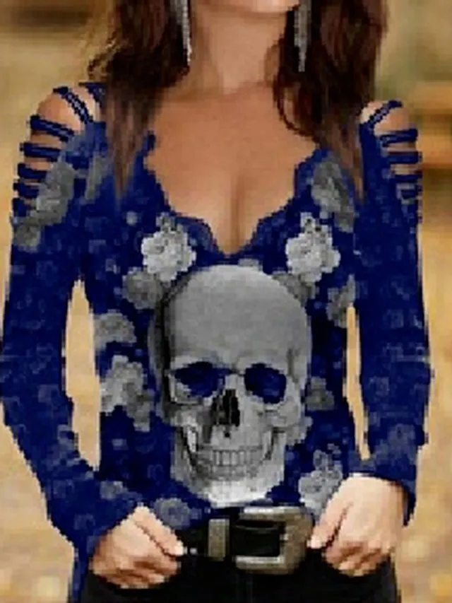 Women's Going Out Tops Burgundy Tee Halloween Shirt Blouse Black Wine Blue Floral Skull Cut Out Print Long Sleeve Halloween Casual Weekend Basic Off Shoulder V Neck Regular Fit Floral Painting Cold