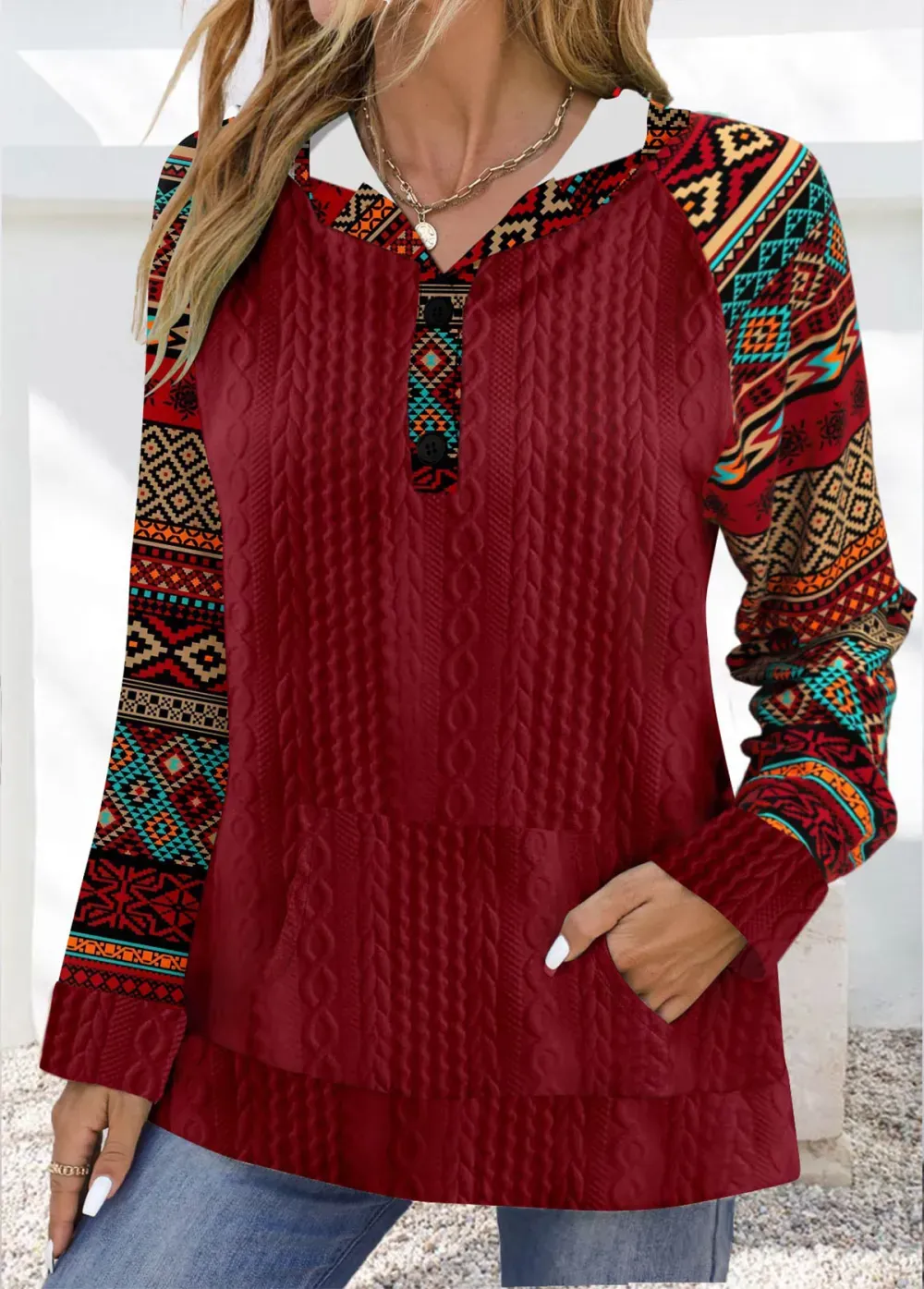 Wine Red Patchwork Tribal Print Long Sleeve Hoodie