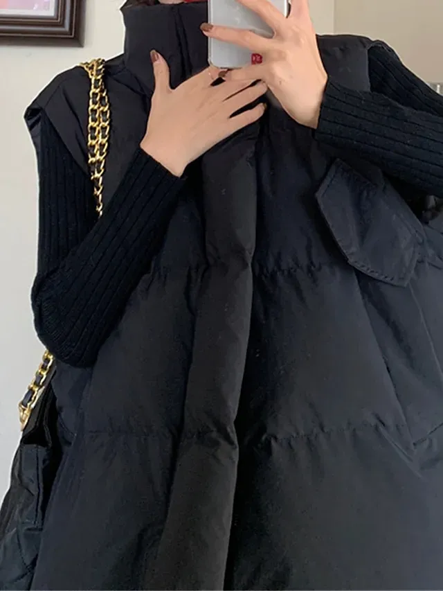 Women's Puffer Vest Long Sleeveless Parka Warm Heated Quilted Gilet Winter Coat Zipper Stand Collar Jacket with Pocket Outerwear Black White S M L XL