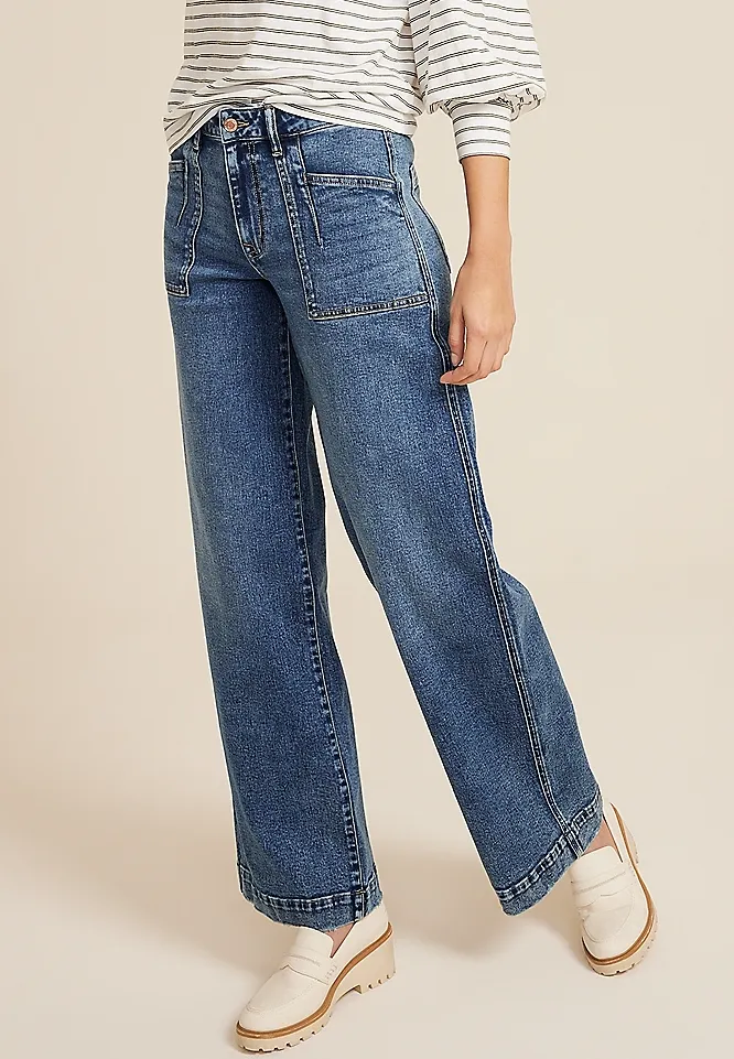 Casual Style Patch Pocket High Rise Wide Leg Jean
