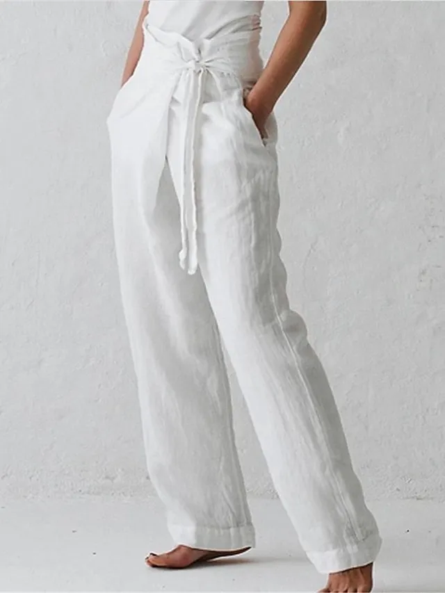 Women's Loungewear Pants Regular Fit Solid Color Fashion Simple Casual Street Linen Breathable Straight Leg Trousers with Pockets Elastic Waistband Self Tie Knot Summer Spring Black White