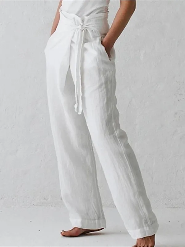 Women's Loungewear Pants Regular Fit Solid Color Fashion Simple Casual Street Linen Breathable Straight Leg Trousers with Pockets Elastic Waistband Self Tie Knot Summer Spring Black White
