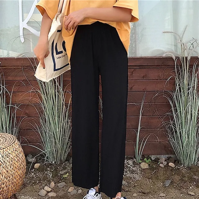 Women's Dress Pants Wide Leg Chinos Ankle-Length Baggy Micro-elastic Mid Waist Fashion Streetwear Daily Weekend Black S M Summer Spring &  Fall