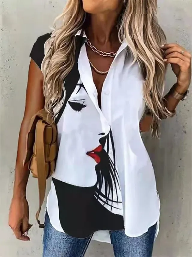 Women's Shirt Blouse Black White Blue Butterfly Button Print Short Sleeve Casual Weekend Basic Shirt Collar Regular Butterfly S