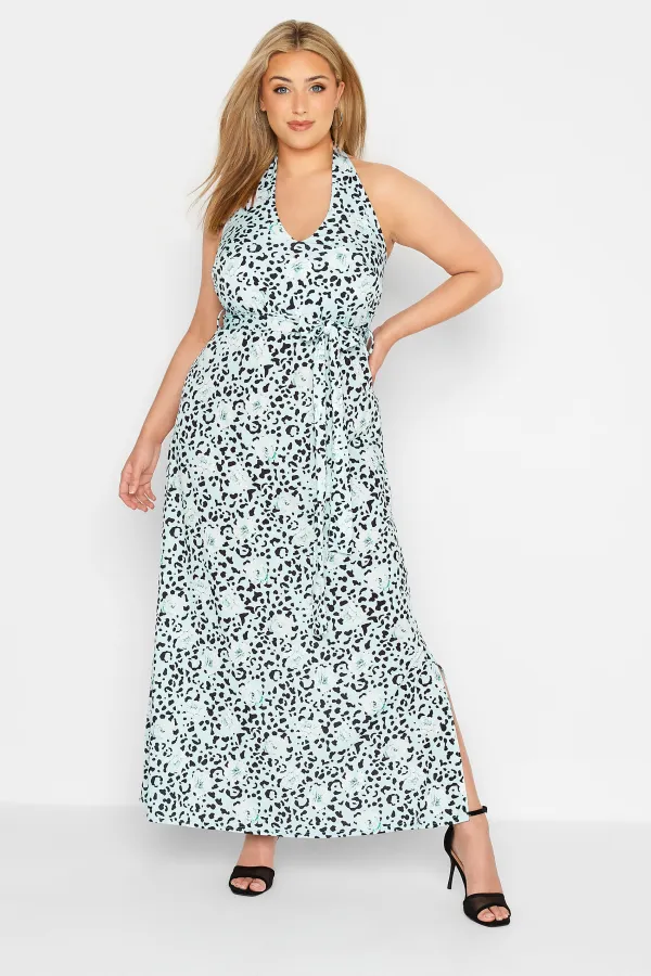 YOURS LONDON Curve Blue Leopard Print Halter Neck Maxi Dress