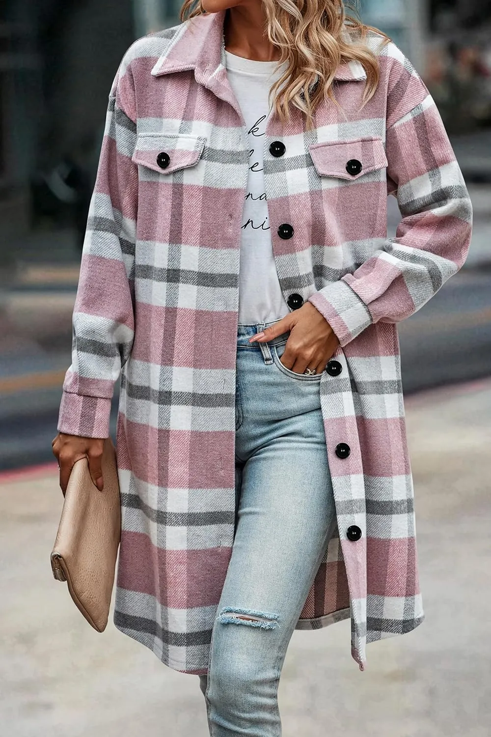 Women's Plaid Shacket 2023 Long Sleeve Button Up Flannel Shirt Winter Tartan Jacket Woolen Coats