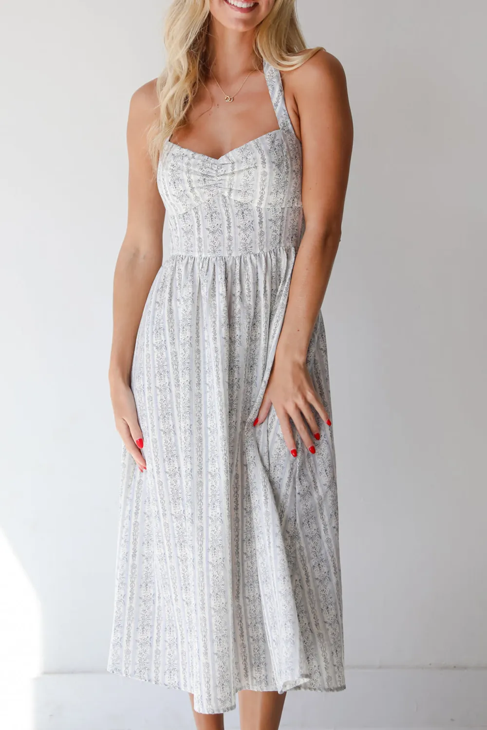 Breezy Composure Blue Striped Floral Halter Midi Dress