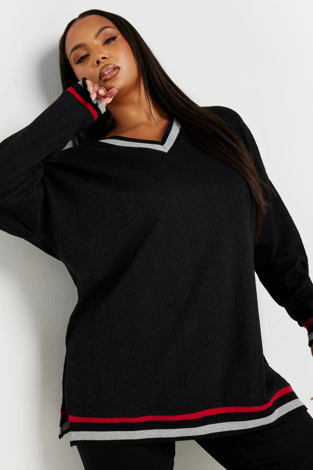 YOURS Curve Black V-Neck Knit Sweatshirt