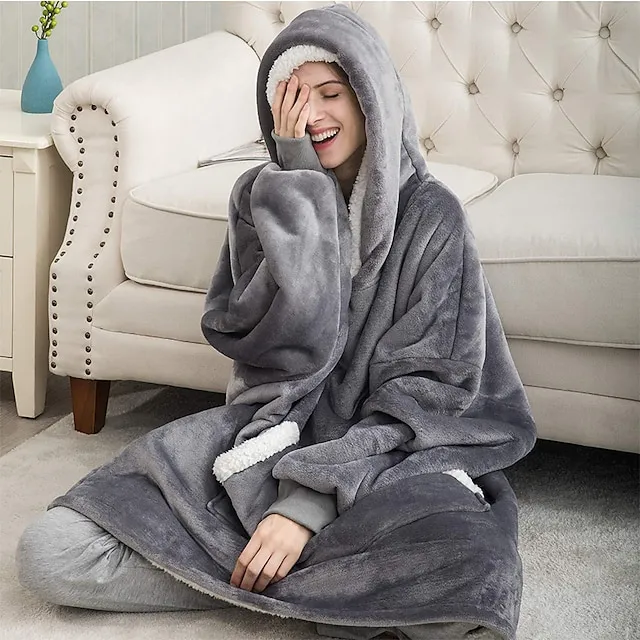 Women's Christmas Couple‘s Pajamas Nightgown Hoodie Blanket Wearable Blanket Grid / Plaid Pure Color Plush Simple Comfort Xmas Home Party Fleece Warm Gift Patchwork Pocket Fall Winter Black Gray