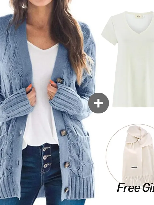 Spring Outfits - Women's Sweater Cardigans & T-Shirt & Scarf Set Cable-Knit Buttoned Cardigan with Pockets and Blouse T shirt Tee Basic
