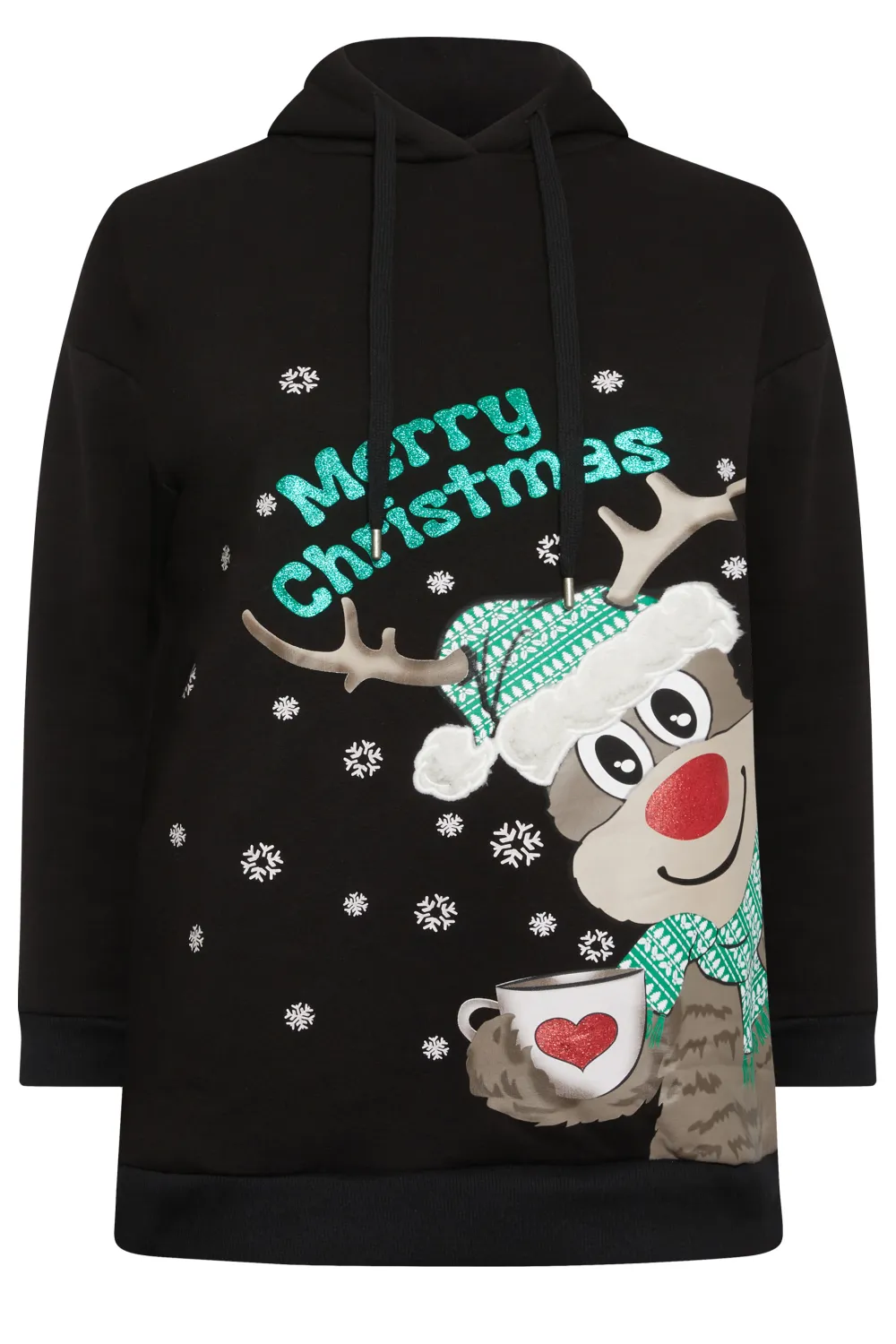 YOURS Curve Black 'Merry Christmas' Reindeer Print Hoodie