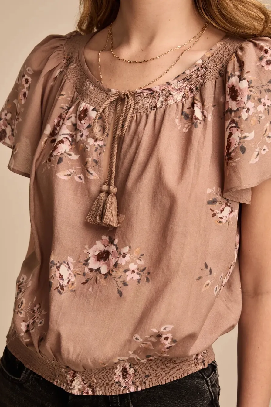 Taupe Floral Flutter Sleeve Top