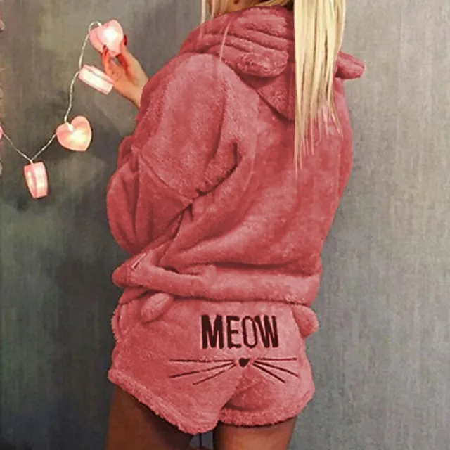 Women's Loungewear Fluffy Pajama Fuzzy Sweatsuit Sets 2 Pieces Animal Cat Warm Plush Comfort Home Street Daily Fleece Hoodie Long Sleeve Hoodie Shorts Elastic Waist Fall Winter Pink Navy Blue