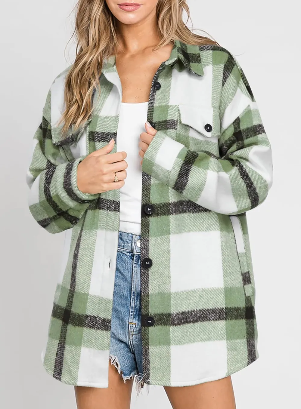 Women's Flannel Plaid Shacket Long Sleeve Button Down Chest Pocketed Shirts Jacket Coats