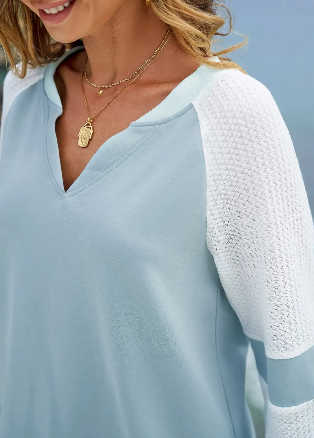 Long Sleeve Split Neck Contrast Sweatshirt