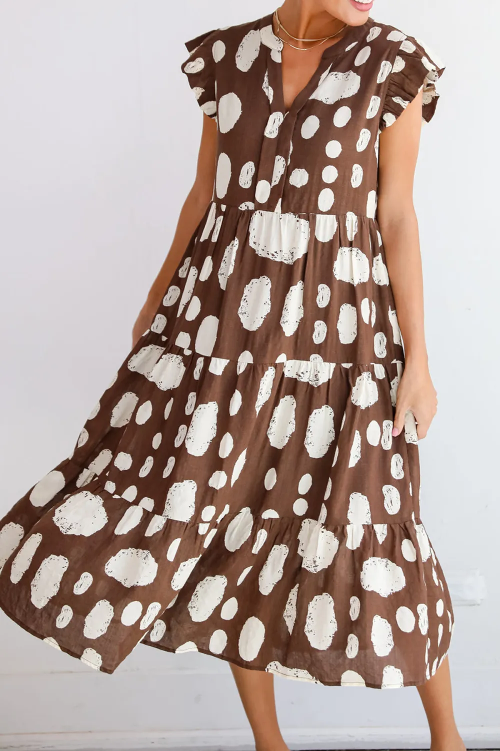 Simply Desirable Brown Dotted Tiered Midi Dress