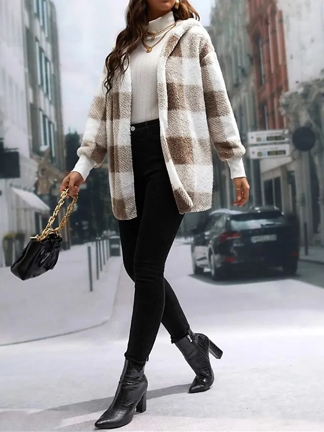 Women's Fleece Jacket Teddy Coat Hoodie Jacket Warm Breathable Street Daily Wear Vacation Going out Pocket Fleece Lined Open Front Hoodie Casual Street Style Stripes and Plaid Regular Fit Outerwear