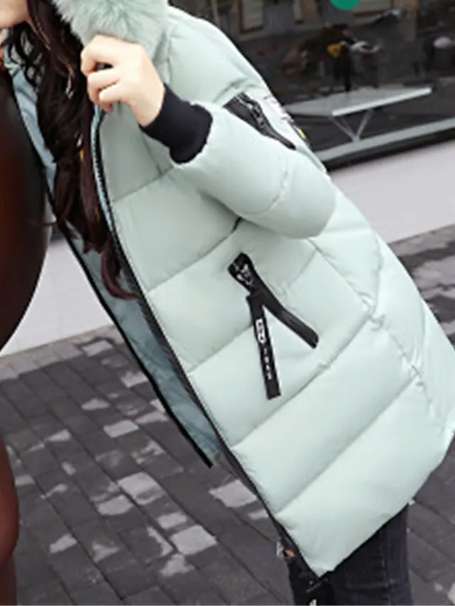 Women's Parka Long Puffer Jacket Thicken Winter Coat with Fur Collar Hood Fall Windproof Warm Overcoat with Pockets Stylish Contemporary Casual Jacket Long Sleeve Full Zip Black White Light Green