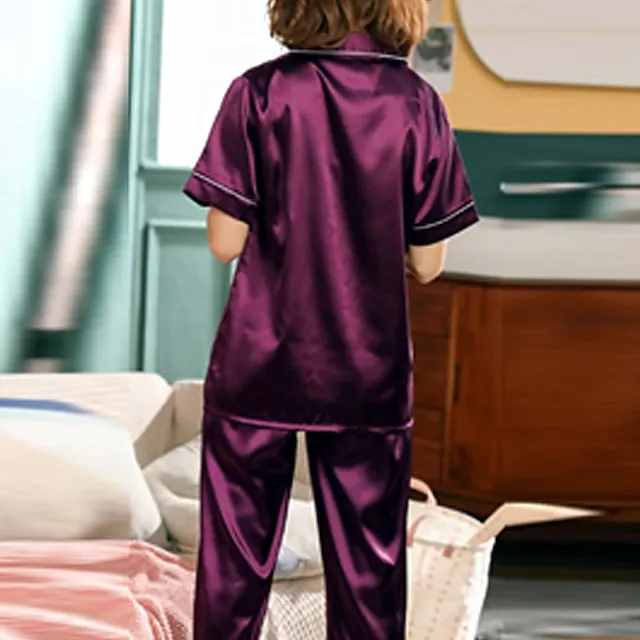 Women's Pajamas Pjs Sets 2 Pieces Pure Color Fashion Simple Comfort Home Xmas Christmas Daily Satin Lapel Short Sleeve Shirt Pant Elastic Waist Summer Spring Silver Black