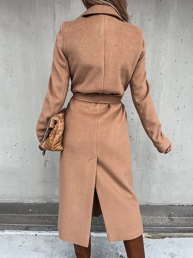 Women's Winter Coat Coat Daily Going out Fall Winter Long Coat Regular Fit Thermal Warm Casual Jacket Long Sleeve Solid Color Lace up Black White Khaki