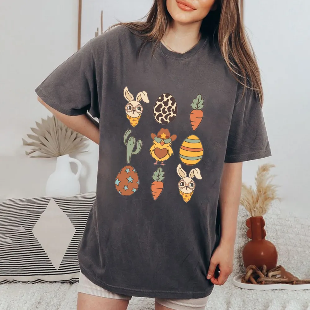 A Set Of Patterns, Including A Rabbit Head Wearing A Scarf, Leopard Print Eggs, Carrots, Cacti, Chickens Wearing Cowboy Hats, Striped Eggs, Etc. The Overall Style Is Cute And Casual T-Shirts.